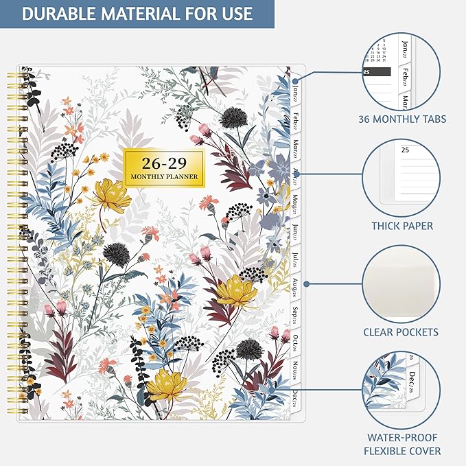 Monthly Planner 2026-2029, 36 Months Calendar Planner 2026-2029 from Jul 2026 – Jun 2029, 8.5'' x 11'' with Ruled Spread, Flexible Cover, Spiral Wirebound, Pocket, Coated Tabs, Notes ＆ Habit Tracker