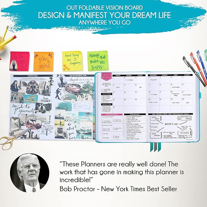 Deluxe Weekly and Monthly Planner | Law of Attraction Planner with Productivity App | 12-Month for Productivity, Gratitude & Goal Setting | Includes Foldable Vision Board, Gift Box & Stickers