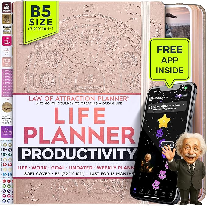 Deluxe Weekly and Monthly Planner | Law of Attraction Planner with Productivity App | 12-Month for Productivity, Gratitude & Goal Setting | Includes Foldable Vision Board, Gift Box & Stickers