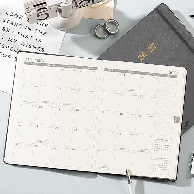 2026-2027 Planner - Weekly and Monthly Planner 2026-2027, Jul. 2026 - Jun. 2027, 9" x 11", 26-27 Calendar Planner with Inner Pocket + Elastic Closure + Pen Loop + Bookmarks, Leather Hardcover - Grey