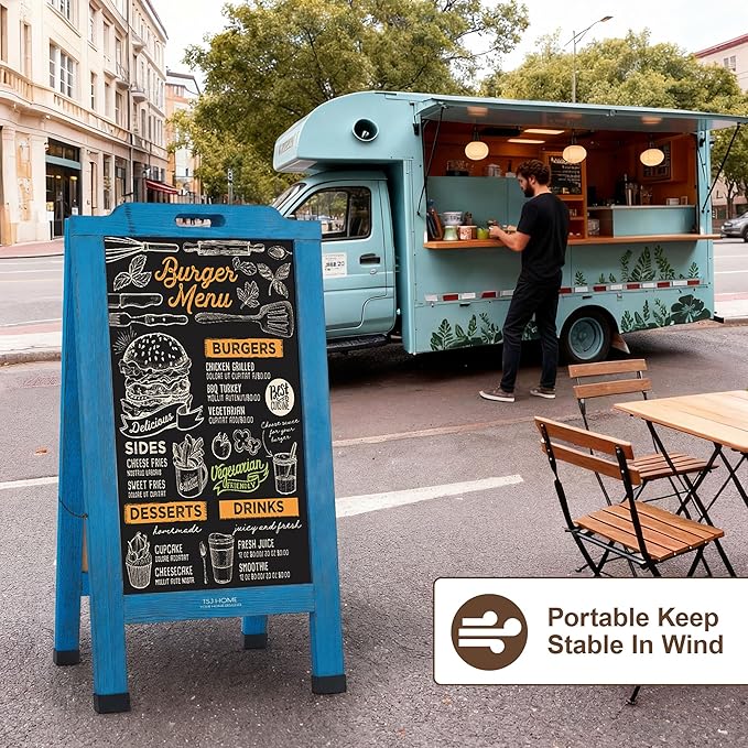 Magnetic Portable A-Frame Chalkboard Signs, 40" x 20" Large Wood Sandwich Board Signs Outdoor, Double-Sided Sidewalk Standing Chalk Board for Business, Wedding, Vendor Display, Coffee Shope - Blue