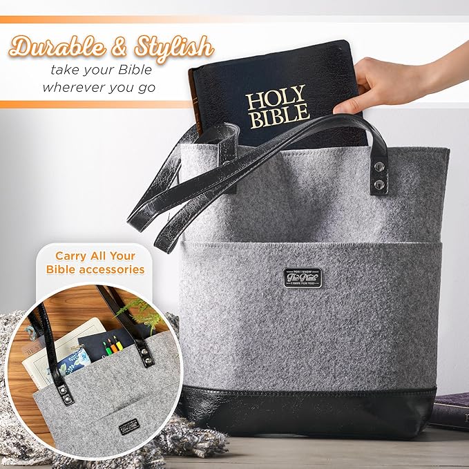 Christian Art Gifts Felt and Faux Leather Bible Tote for Women: Metal Jeremiah 29:11 Badge, Pockets and Magnetic Button Closure, Black and Gray, One Size Carry Bag for Books, Supplies and Shopping