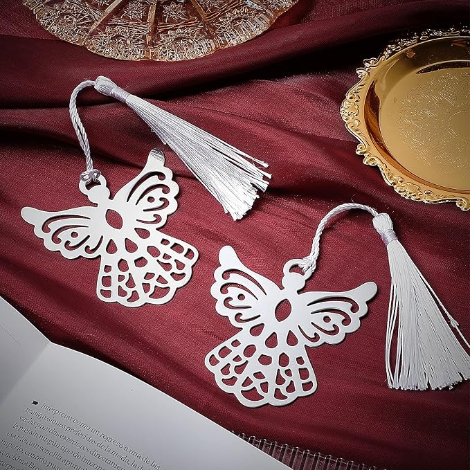 Chinco 10 Sets Metal Angel Bookmark for Women Wedding Charm Funeral Gift Easter Angel Bookmark Bulk with Organza Bags for Students Teacher Rewarded Book Lovers Party Christmas Tree Hanging Ornaments