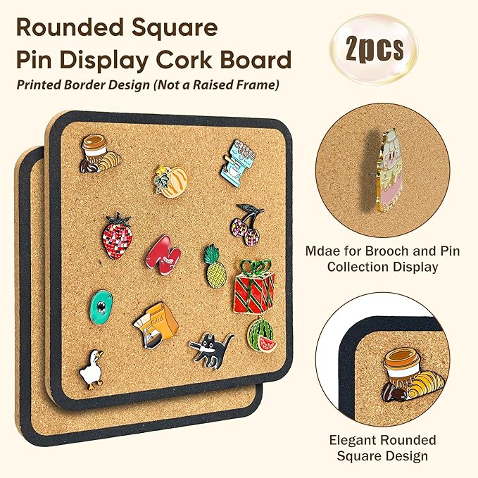 2pcs Rounded Square Pin Display Cork Board - 7.9x7.9 inch Enamel Pin Board for Brooch and Pin Collection Display, Ideal for Home, Office and School Decor