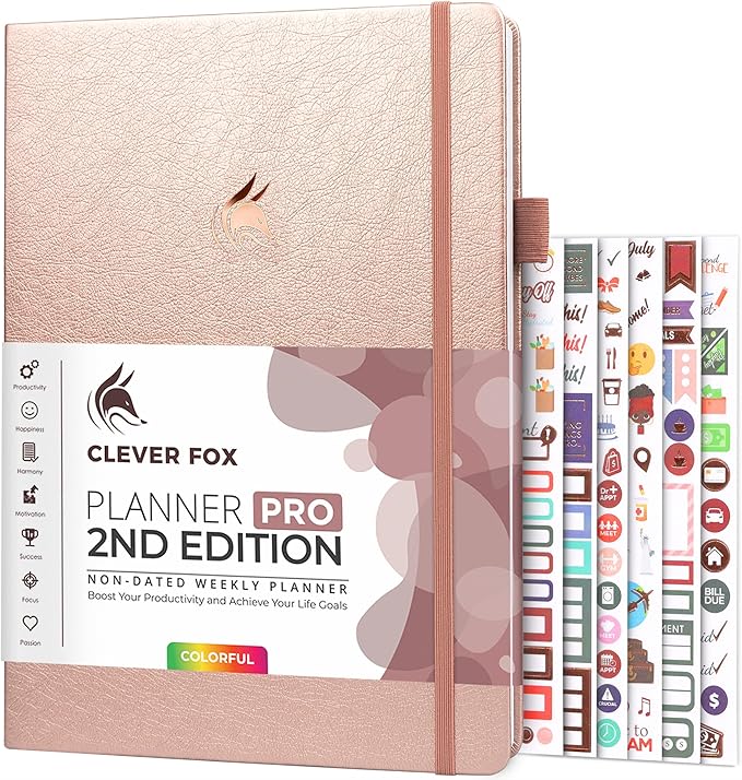 Clever Fox Planner PRO 2nd Edition – Undated Weekly Agenda Planner for Setting Goals, Tasks & Time Management – Life Organizer with To-do Lists & Habit Trackers – Large Format, 8.5x11″ (Rose Gold)