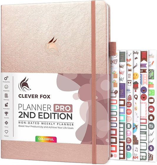 Clever Fox Planner PRO 2nd Edition – Undated Weekly Agenda Planner for Setting Goals, Tasks & Time Management – Life Organizer with To-do Lists & Habit Trackers – Large Format, 8.5x11″ (Rose Gold)