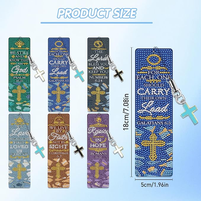 Christian Bible Diamond Art Bookmarks: 6 Pcs Bible Verse Diamond Painting Book Marks with Cross Pendant, Inspirational Religious Bookmark for Reading, DIY Crafts with Accessaries
