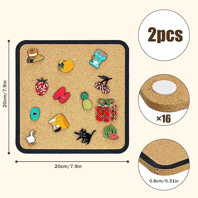 2pcs Rounded Square Pin Display Cork Board - 7.9x7.9 inch Enamel Pin Board for Brooch and Pin Collection Display, Ideal for Home, Office and School Decor