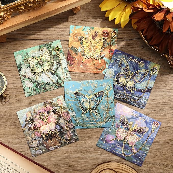 6 Pieces Metal Butterfly Bookmarks with Chain, Golden Hollow Bookmark Monet Oil Painting Theme Book Mark Bookmarks for Book Lovers Writers Readers Children Teens for Women