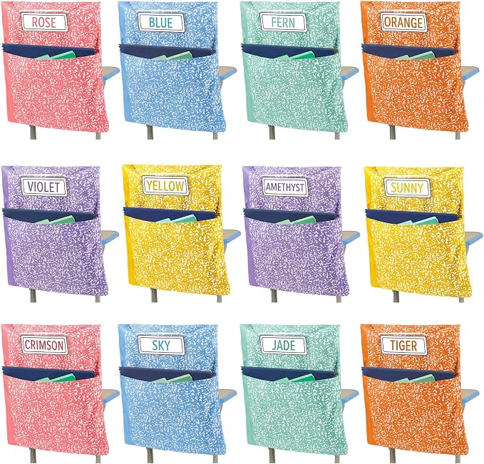 12 Pack Chair Pockets for Classroom Back to School Composition Seat Pocket 20 x 17 Inch K 2 Student Chair Bag Organizer with Name Tag Oxford Cloth Storage Bag for Kindergarten Primary (Pastel)