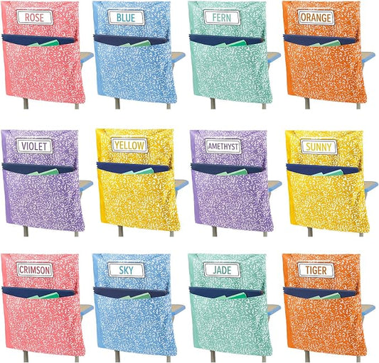 12 Pack Chair Pockets for Classroom Back to School Composition Seat Pocket 20 x 17 Inch K 2 Student Chair Bag Organizer with Name Tag Oxford Cloth Storage Bag for Kindergarten Primary (Pastel)