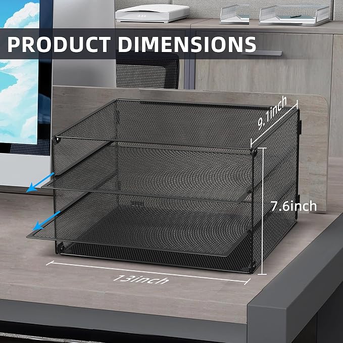 DALTACK 3 Tier Letter Tray Paper Organizer for Desk, Mesh Metal Desk File Organizer with Sliding Trays for Letter/A4 Paper, Mail, Bills & Folders, 2 Pack, Black