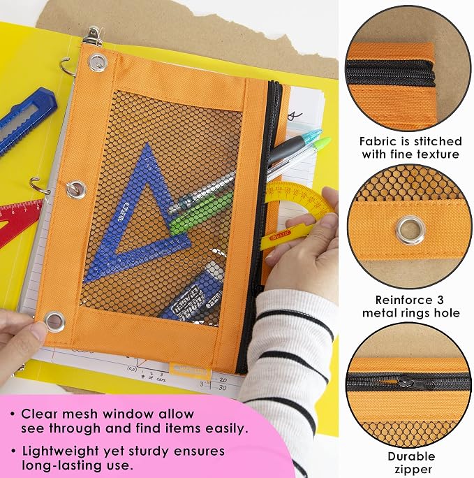BAZIC Products Retro Color 3-Ring Pencil Pouch with Mesh Window, 600D Polyester Build, for School Binders Supplies