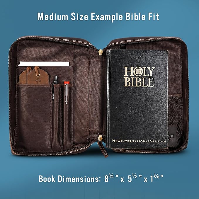 Hunter & Scribe Leather Bible Covers for Men and Women - Top Grain Buffalo Leather - Genuine Leather Bible Cover with Pockets, Zipper, and Bookmark - Bible case - Book cover - Medium Dark Brown