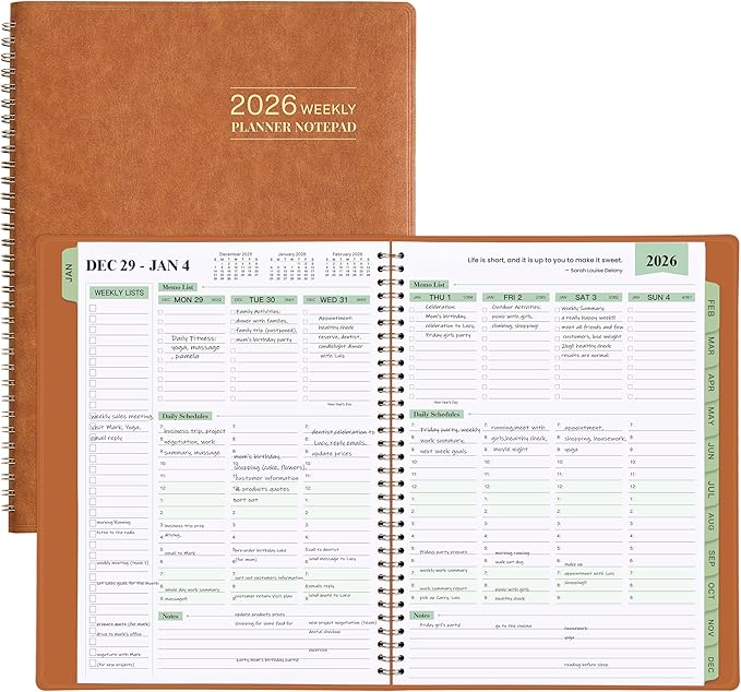 2026 Planner - Planner 2026 Weekly and Monthly, 11.38'' x 8.74'', 2026 Calendar Leather Planner, JAN 2026 - DEC 2026, Daily Hourly Appointment Book, To Do List, Monthly Tabs, Faux Soft Leather, Back Pockets - Brown