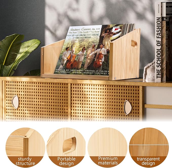 GRETJOB Vinyl Record Storage Crate - Wooden & Acrylic Record Storage Holds 70+ Records, Books, Files - Desktop & Home Office Storage with Handle (Nature wood color)