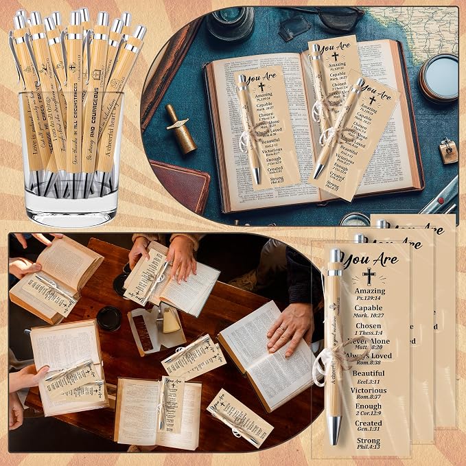 Haooryx Christian Bible Pen Bookmark - 30-Piece Christian Bible Verse Bamboo Inspirational Pens Bookmark Set You are Amazing Scripture Biblical Bookmark Church Multi-Item Party Favor Packs Gifts Bulk