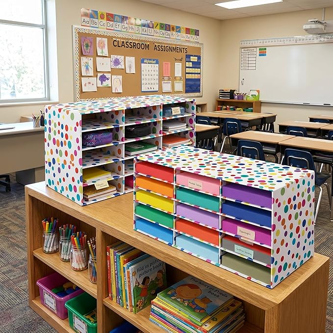 Colingmill 2 Pcs Confetti Classroom Paper Storage Organizer Construction Paper Storage Desktop Mailbox File Sorter Literature Cardboard Organizer for Home Office School, 29.5 x 14.2 x 12.4 Inch
