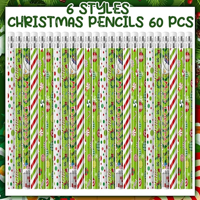 Sabary 60 Pcs Christmas Pencils Bulk Wood Xmas Pencil with Eraser Merry Christmas Stationery for Kids Children Xmas Party Favors Holiday Goodie Bag Stuffers