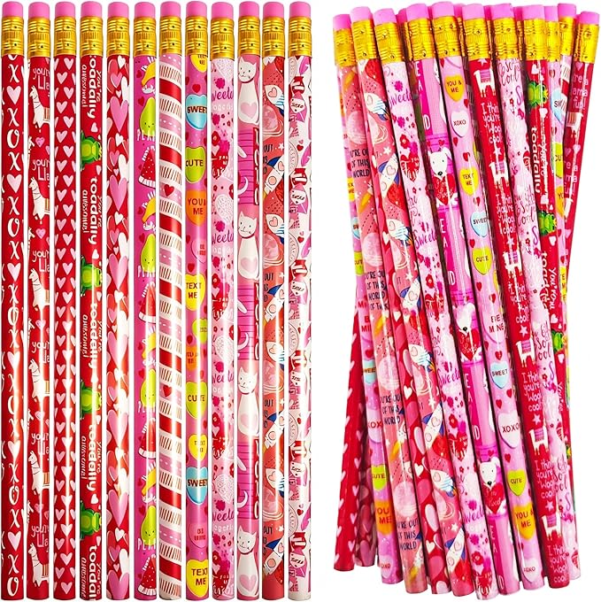 Bvrbaory 72 Pcs Valentine's Day Pencils,Bulk Wood Pencils,Pink Valentine Pencil with Erasers for Goodie Bags Fillers,Party Favors,School Classroom Rewards(12 Styles)