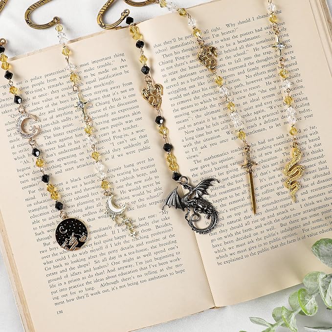 Fantasy Acotar Metal Bookmark - Retro Vintage Hook Book Marks Page Mark with Beaded Black Gold Moon Charm for Women Men Students Teachers Reading Lovers Birthday Gifts School Accessories