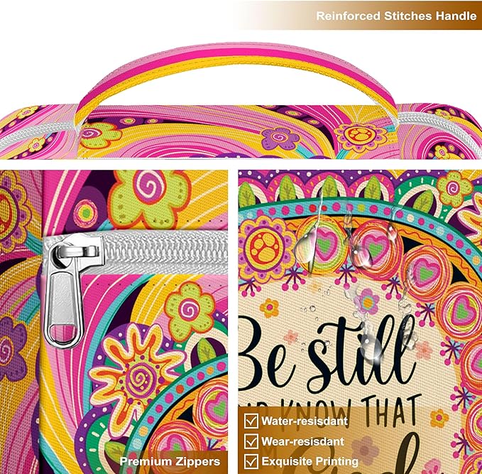 Be Still Bible Cover for Women Girls, Inspirational Bible Case with Handle and Zipper Pocket, Colorful Floral Canvas Bible Bag, Fits Standard Size Bible, Christian Gift for Faith