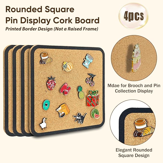 4pcs Rounded Square Pin Display Cork Board - 7.9x7.9 inch Enamel Pin Board for Brooch and Pin Collection Display, Ideal for Home, Office and School Decor