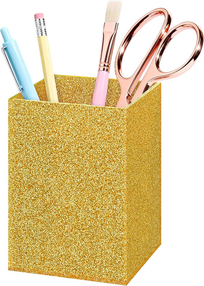 Gold Acrylic Pen Holder, Acrylic Makeup Brush Storage Organizer, Pencil Pen Holder for Desk, Modern Desktop Accessories for Office School Home Supplies