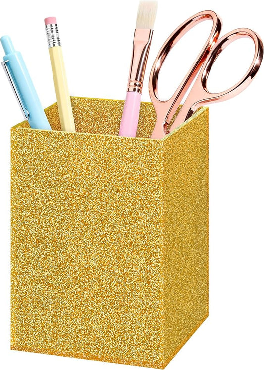 Gold Acrylic Pen Holder, Acrylic Makeup Brush Storage Organizer, Pencil Pen Holder for Desk, Modern Desktop Accessories for Office School Home Supplies