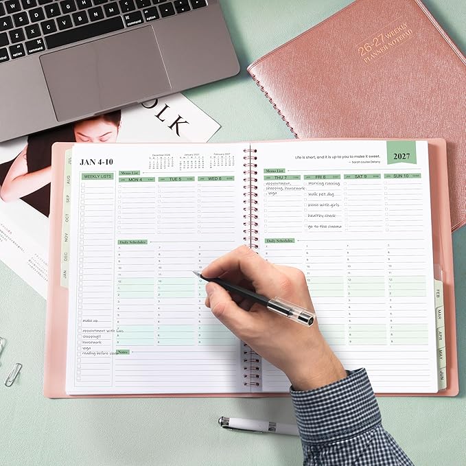 Planner 2026-2027 - 11.38'' x 8.74'', Weekly & Monthly Planner Notepad 2026-2027, JUL. 2026 - JUN. 2027, Appointment Book, 60 Minutes Interval, Monthly Tabs, Faux Soft Leather, Spiral Bound - Rose Golden