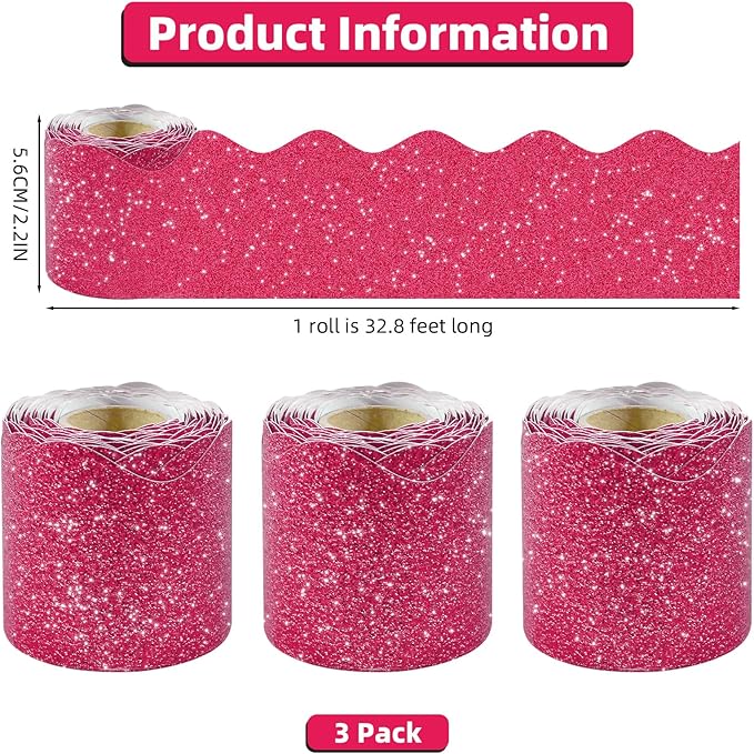 3 Rolls 98.4 Ft Valentines Day Glitter Bulletin Board Borders Set - Magenta Bulletin Board Decorations for Classroom, Office, School & Home DIY - Perfect for Teachers, Posters & Birthday Party Decor
