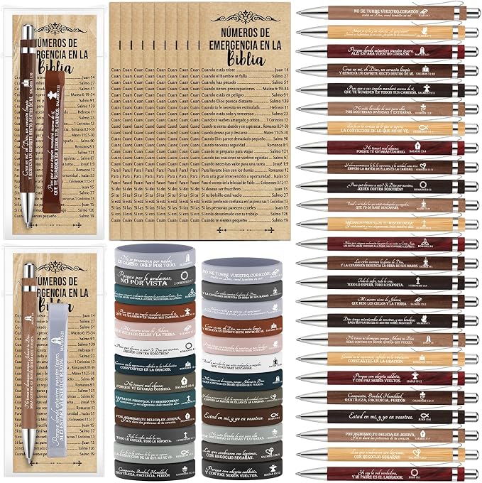 Feifeiya 75 Pcs Fathers Day Christian Gifts Bulk Christian Church Gifts with Bible Verse Pen Religious Silicone Wristband Bookmark for Mom Pastor Teacher Coworker Nurse(Mix Color,Spanish Style)