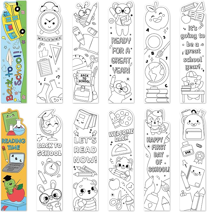 72Pcs Back to School Color Your Own Bookmarks for Kids - DIY Coloring Blank Bookmark Including Schoolbag Alarm Clock Books Ruler Painting Paper Class Party Supplies Goodie Bag Fillers