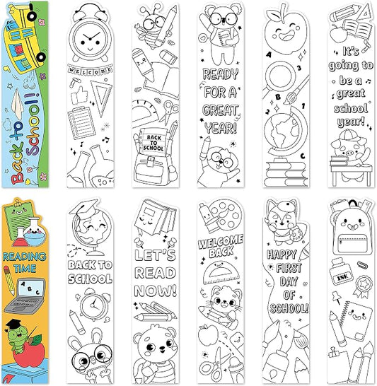 72Pcs Back to School Color Your Own Bookmarks for Kids - DIY Coloring Blank Bookmark Including Schoolbag Alarm Clock Books Ruler Painting Paper Class Party Supplies Goodie Bag Fillers