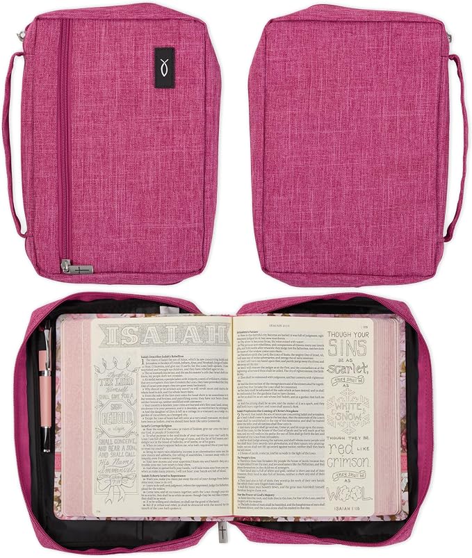 Christian Art Gifts Polyester Bible Cover for Men & Women w/Jesus Fish Patch, Secure Zipper Pocket, Pen Loops, Easy Carry Book Case for Stationery, Accessories, Pink, Small