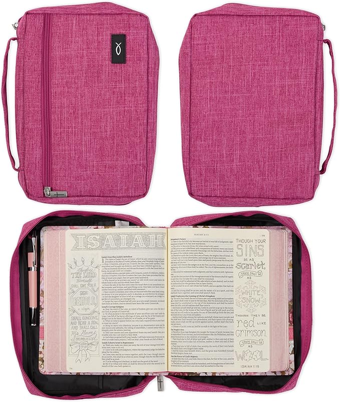 Christian Art Gifts Polyester Bible Cover for Men & Women w/Jesus Fish Patch, Secure Zipper Pocket, Pen Loops, Easy Carry Book Case for Stationery, Accessories, Pink, Large
