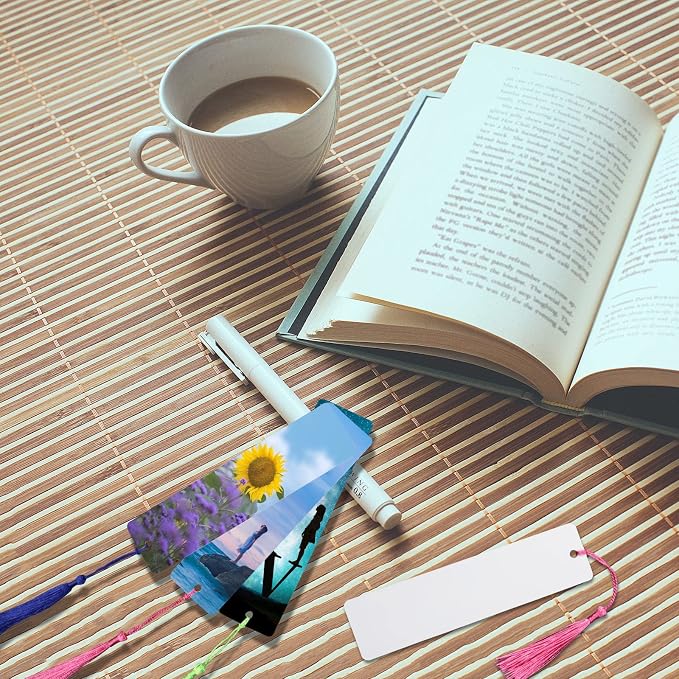 100 Pcs Sublimation Bookmark Blank 5.9""X1.5"" X0.65mm Heat Transfer Aluminum Metal Bookmarks Bulk DIY Bookmarks with Hole and Colorful Tassels for Crafts,Personalized Tassels Blank Bookmarks, White