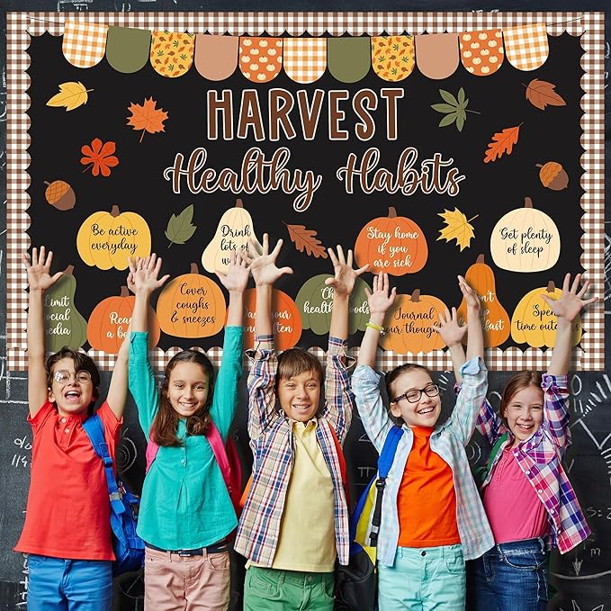 Hearvest Healthy Habits Bulletin Board Set Fall Classroom Decoration Cutouts Pumpkins Leaves Autumn Bulletin Board for School Home Office Chalkboard Whiteboard Wall Window Door Decor Supplies