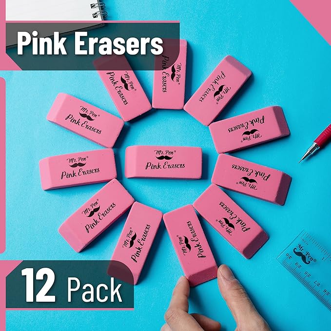 Mr. Pen- Pink Pencil Eraser, 12 Pack, Large Latex Free Block Erasers for School, Office, Art Sketching, Homework, Exams, Clean Smudge-Free Correction