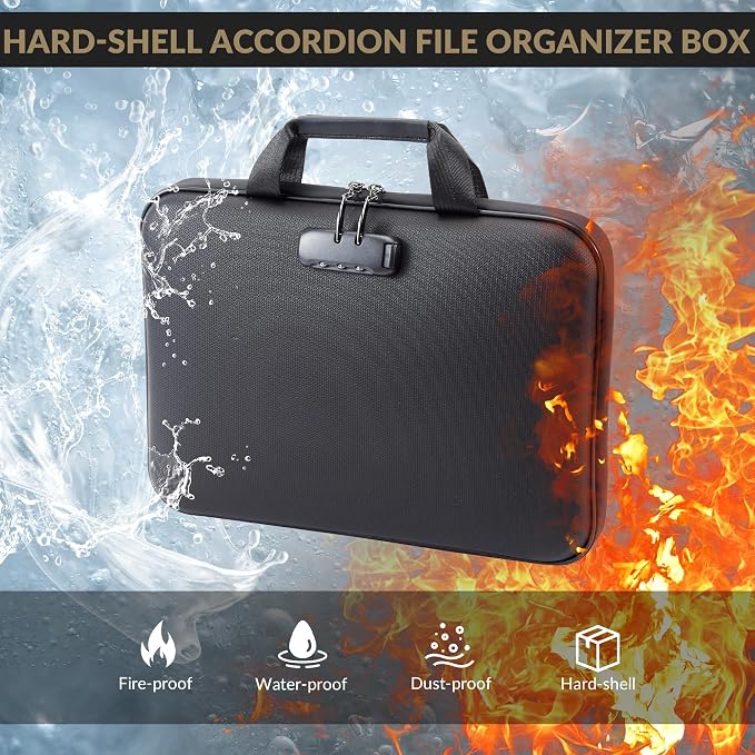 Garvee Fireproof Document Box with Lock, Waterproof Fire Safe Hard Case File Box, Portable Important Document Storage Organizer Bag for Homeowners Office & on the Go, Black