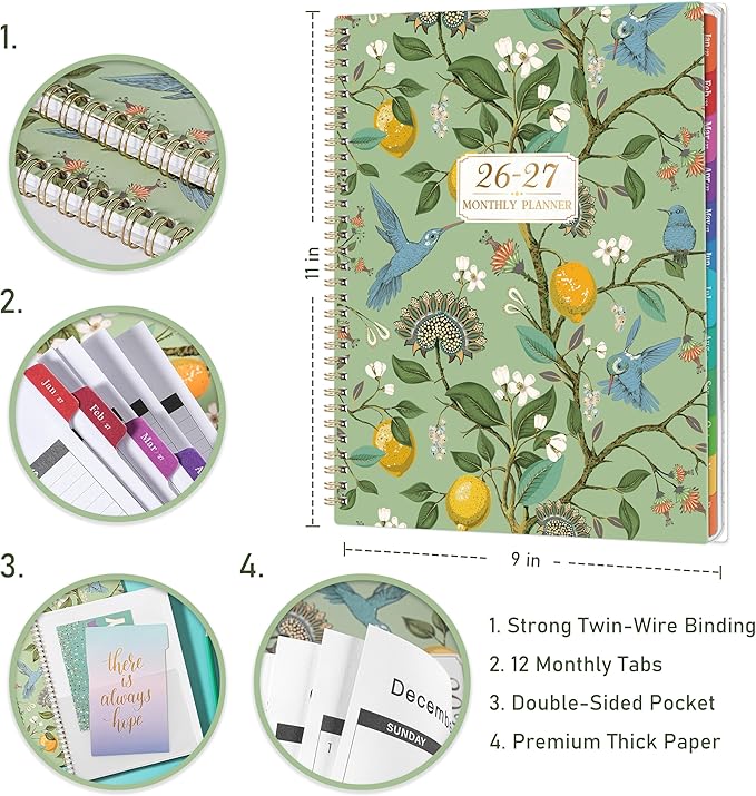 Monthly Planner 2026-2027 - Planner 2026-2027, JUL 2026 - JUN 2027, 26-27 Monthly Planners 9" x 11" with Colorful Tabs, 12-Month Planner/Calendar with Pocket, Thick Paper, Twin-Wire Binding - Lemon