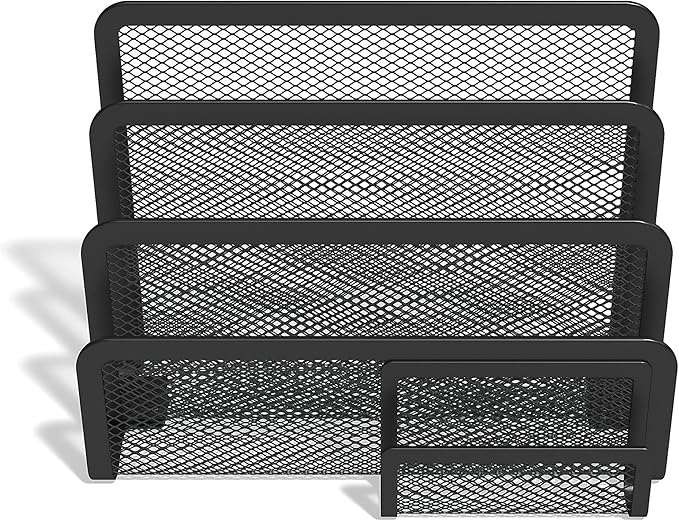TRU RED Wire Mesh Letter Holder, 4‑Compartment, Matte Black, 3‑Pack – Vertical Desktop Organizer for Mail & Documents