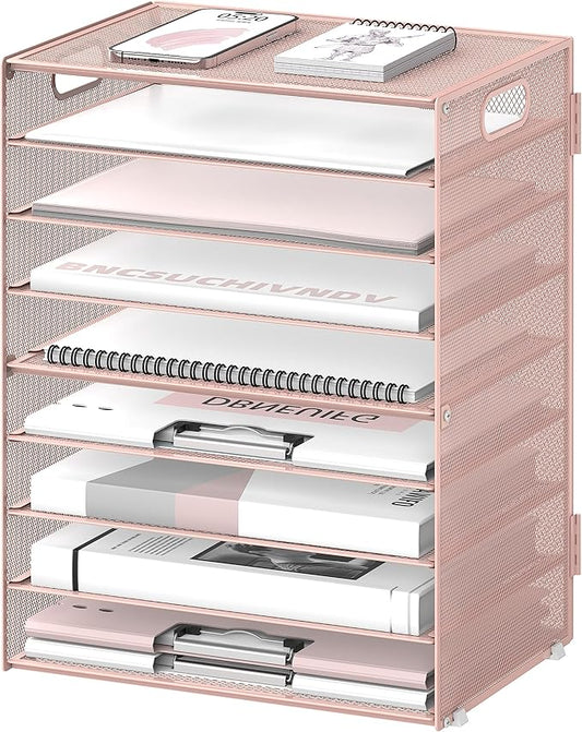 DALTACK 9-Tier Paper Organizer for Desk, Mesh Letter Tray Desk Organizer with Handles, Space-Saving File Organizer for Office Home School, Pink