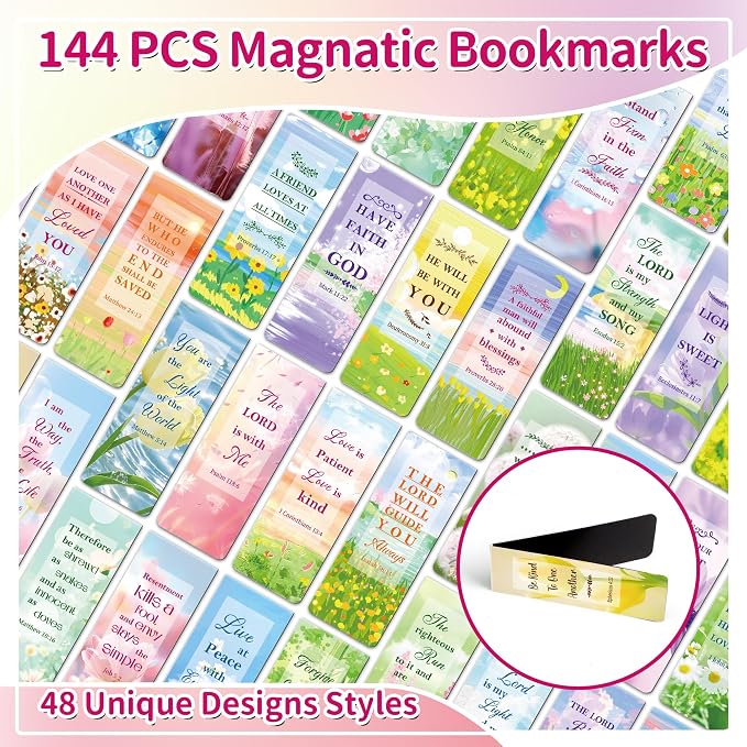 144Pack Magnetic Bookmarks Christian Bookmarks Bulk Bible Bookmark for Reading Women Men Kids Teacher Book Lovers Gifts, Religious Magnet Bookmark Clips Inspirational Personalized Book Marks (Flower)