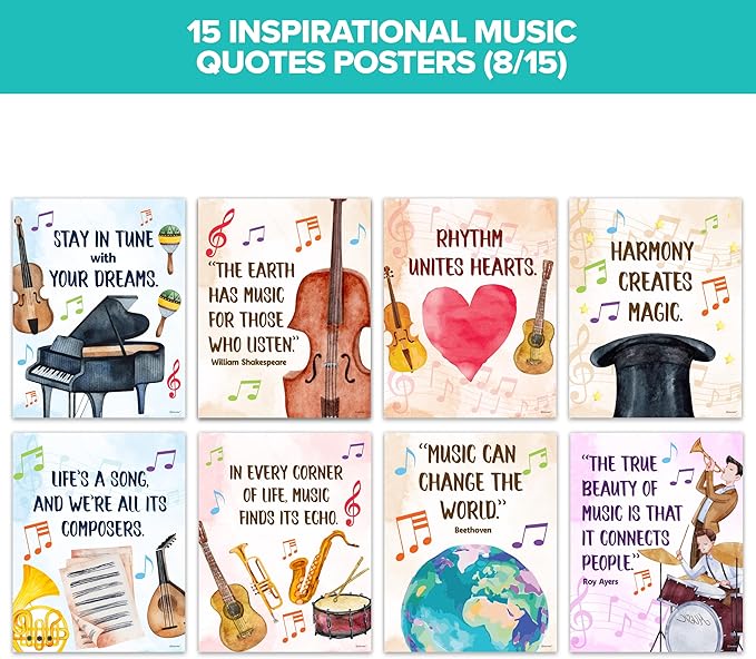 Decorably 15 Music Posters for Classroom Elementary and High School, 11x14in Inspirational Matte-Laminated for Learning Spaces, Hallways, Bulletin Boards, Home Study Room