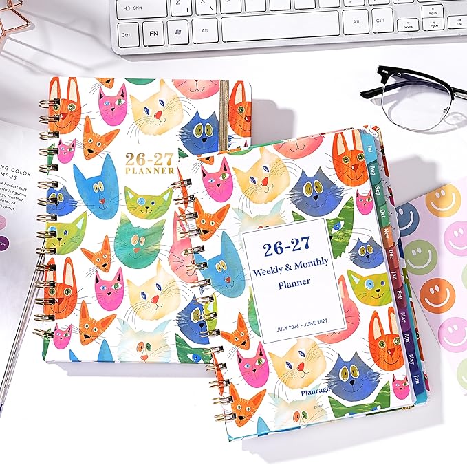 Planner 2026-2027 - 2026-2027 Planner Weekly and Monthly, Jul.2026 - Jun.2027, 12 Month Planner Weekly & Monthly with Colourful Tabs, 6.4" x 8.5", Hardcover + Back Pocket - Cat