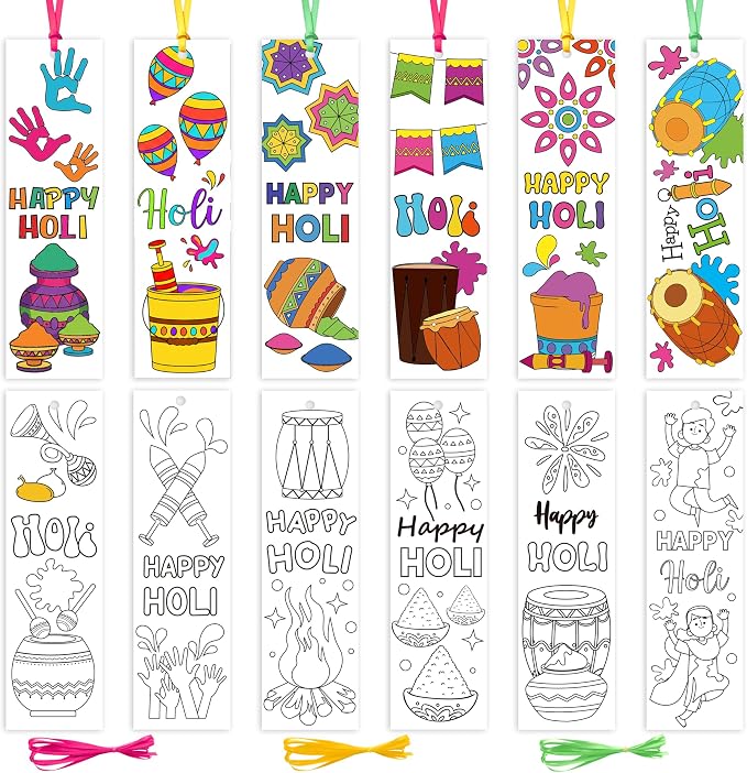 ANGOLIO Holi Coloring Your Own Bookmarks - 123Pcs Happy Holi Coloring Bookmarks DIY Blank Reading Page Holder for Indian Festival Holiday, Religious Students Rewards Party Goodie Fillers Supplies