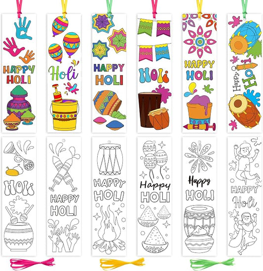 ANGOLIO Holi Coloring Your Own Bookmarks - 123Pcs Happy Holi Coloring Bookmarks DIY Blank Reading Page Holder for Indian Festival Holiday, Religious Students Rewards Party Goodie Fillers Supplies