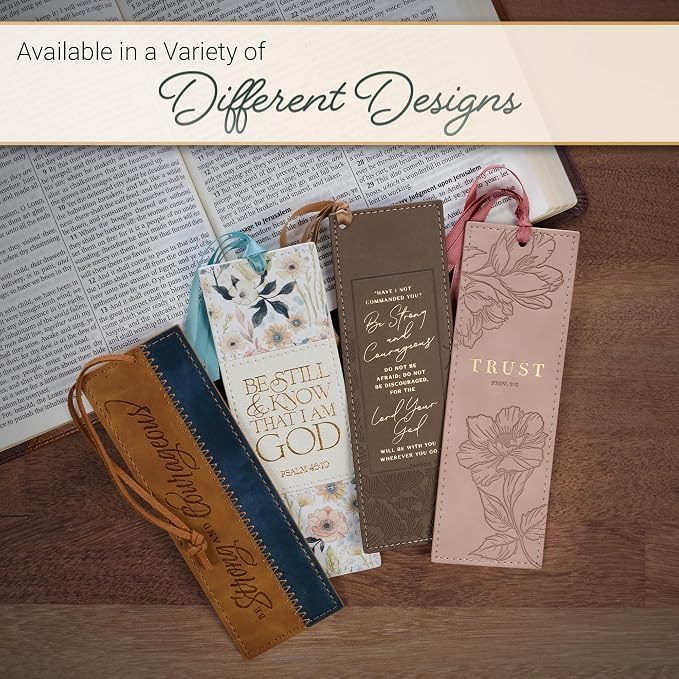 Christian Art Gifts Premium Vegan Leather Scripture Bookmark for Men & Women: Strong & Courageous Inspirational Bible Verse, Unique Sturdy Luxury Reading Book Accessory, Light Brown & Navy Blue & Cord
