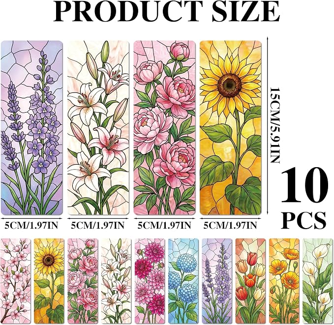Pretty Flower Bookmark Gifts - 10 Pcs Aesthetic Floral Stained Glass Bookmarks for Women Students Book Lovers Page Clips Bookish Birthday Graduation Gift School Office Reading Accessories